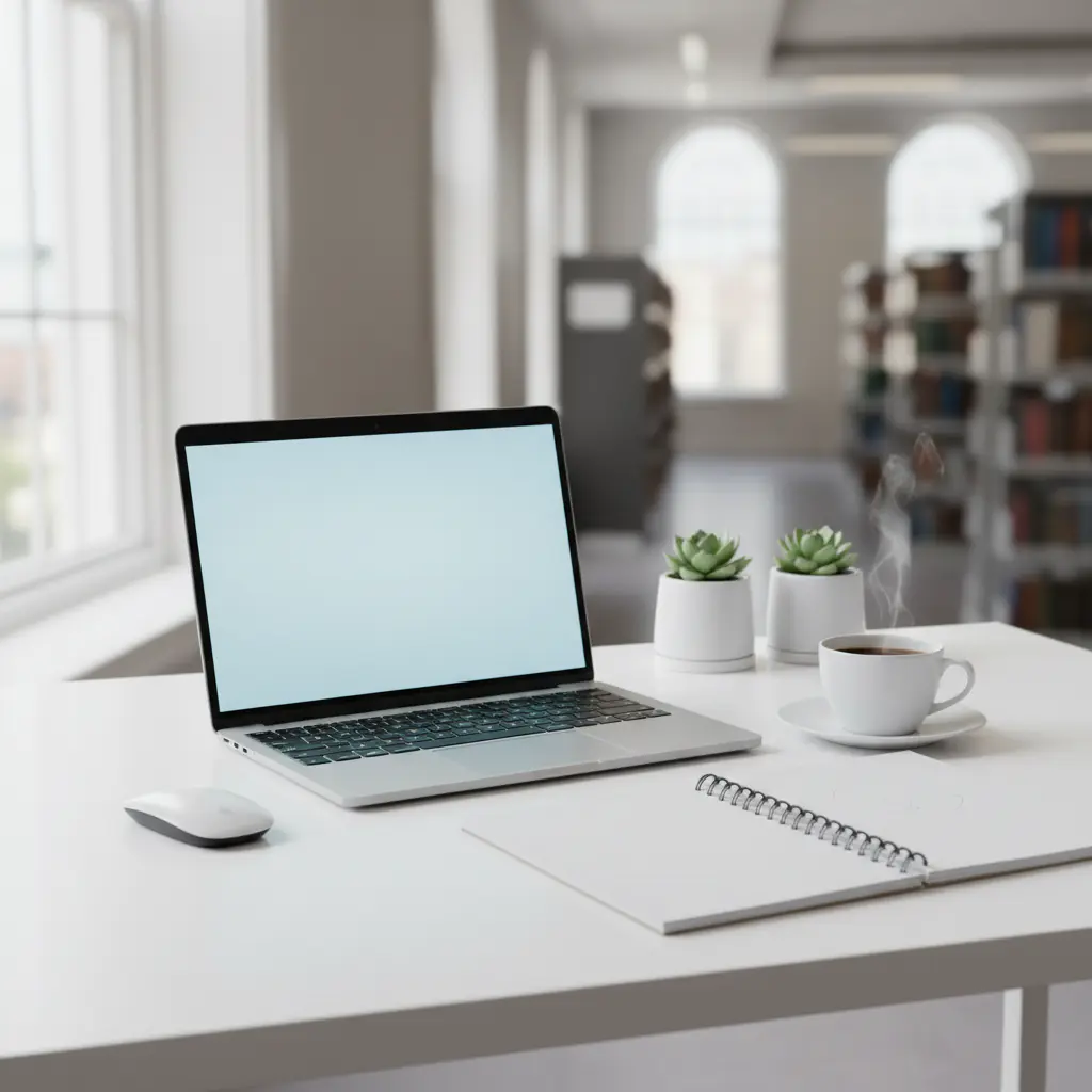 Desk with laptop and notebook